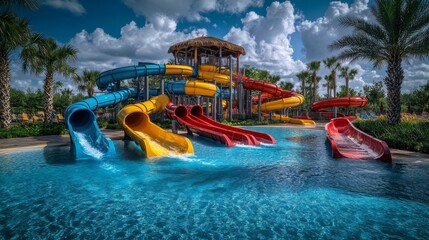 Fototapeta premium Tropical water park with slides