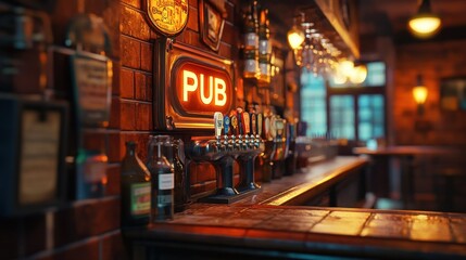 Naklejka premium interior of evening pub. beer on the table in the evening bar
