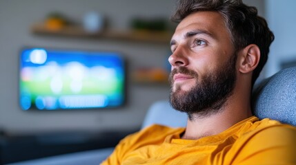 A man wearing a yellow shirt sits on a couch, intently watching television. The background features a blurred TV screen displaying a sports game.