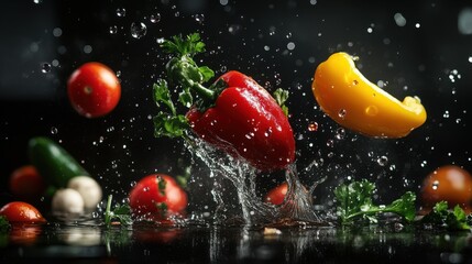 Floating vegetables with water droplets in mid-air, dark background