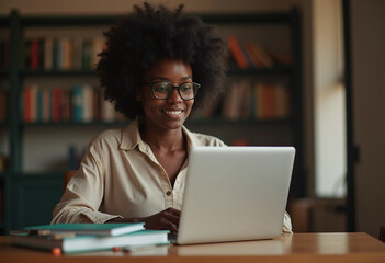 Obraz premium young black woman studies online quiet library laptop peacefully surrounded books quiet atmosphere