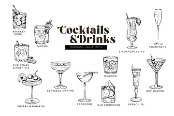 Set of 12 hand drawn black and white summer cocktail illustrations, Minimal line art signature drink illustrations for wedding drink menus, invitations, stationery and web design
