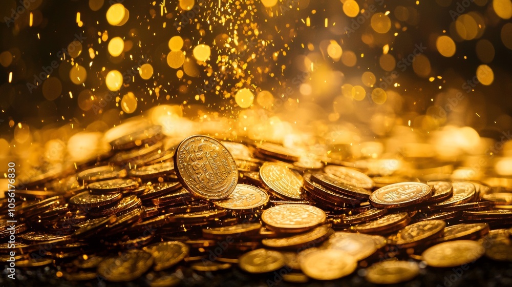 Poster stack of golden coins with glowing particles in the background