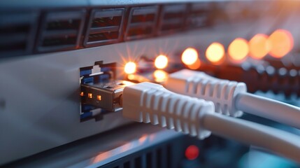 Network connections: ethernet cables and ports with glowing lights