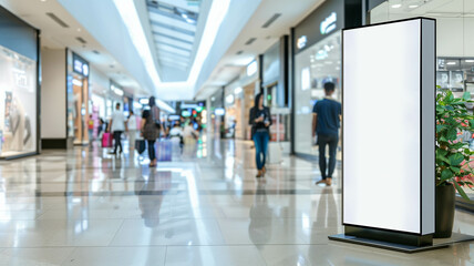 Obraz premium mockup poster stand near a central atrium in a shopping mall, surrounded by natural light and modern decor