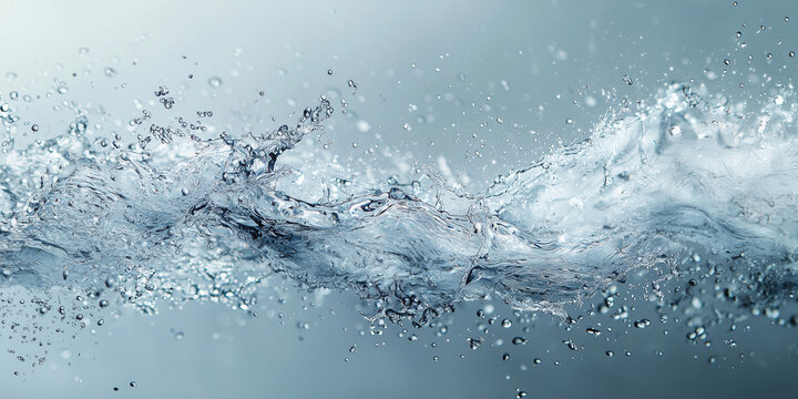 Closeup of water splashing in a wave, high-speed photography; crystal clear droplets with motion freeze, showing fluid motion, banner, horizontal, clean water, white background, isolated - flood