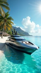 Luxurious yacht anchored by a pristine beach with turquoise waters and palm trees