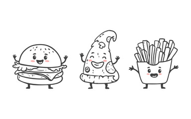 Set of fast food characters isolated on white. Cartoon hamburger, slice of pizza, french fries, cute burger. Doodle style. Vector illustration