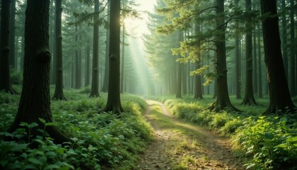 Obraz premium Serene forest path illuminated by soft sunlight filtering through tall trees