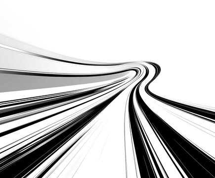 Abstract black and white lines create a dynamic, flowing pattern on a white background.