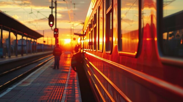 Vibrant sunset reflecting on train at city station platform