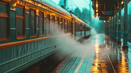 Fototapeta premium Vintage train at dimly lit platform amidst misty evening ambiance