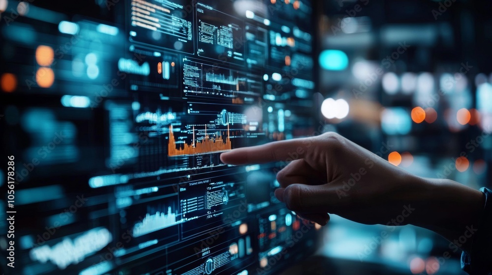 Poster finger pointing at futuristic data screen with charts and graphs