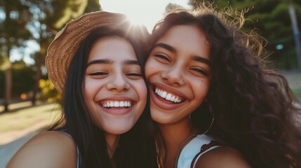Fototapeta premium Joyful friendship of two women smiling outdoors in sunlit park