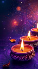 Three lit candles in a purple bowl with a gold Diya oil lamp and blue background. Diwali, Hindu festival of lights celebration.