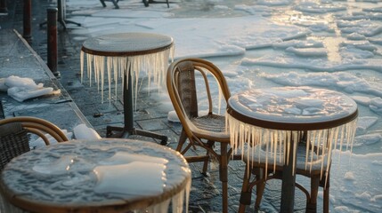 Fototapeta premium Frozen cafe tables overlooking icy river in winter sunset