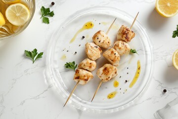 Grilled chicken skewers with lemon and pepper garnished with parsley on a marble table.