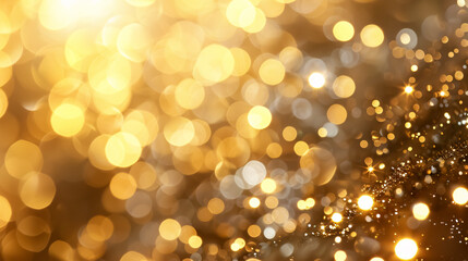 Christmas golden glowing background. Holiday abstract glitter defocused backdrop with blinking stars and garlands. Blurred gold bokeh.