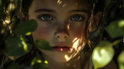 Photorealistic National Geographic-style image of a shy young girl with large,