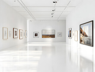 A minimalist gallery space with a white wall and shiny floor showcasing a selection of framed artwork. The light reflecting on the floor creates a dramatic, yet clean aesthetic.