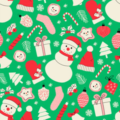 Christmas seamless pattern with snowman and holly. Colorful winter background with christmas decor and snow. Vector New year cartoon background.