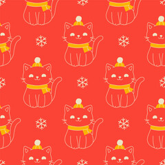 seamless pattern cats in modern minimal style in red and  gold colors. Chinese new year.