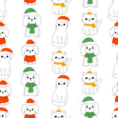 Seamless pattern Merry christmas and happy new year of cute cat and dog with decorative scarf, ribbon, hat. Design suitable for banner, invitation, card, banner, cover.