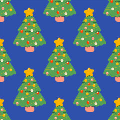 Vector seamless pattern with Christmas trees. Cute New Year pattern on white background. Cute evergreen fir trees.