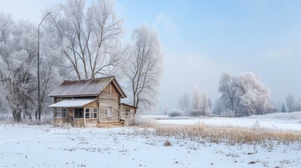Rustic winter cabin in snowy forest landscape