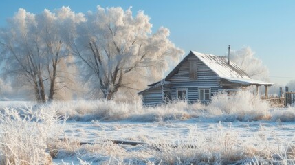 Obraz premium Rustic cabin in frosty winter landscape with snow-covered trees