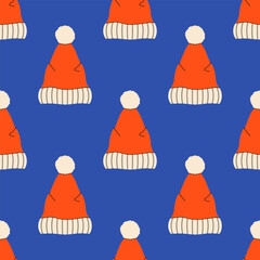 Seamless Christmas hat pattern. Perfect for Christmas cards, decorations, invitations, banners, labels, gift paper. Festive, cozy atmosphere.