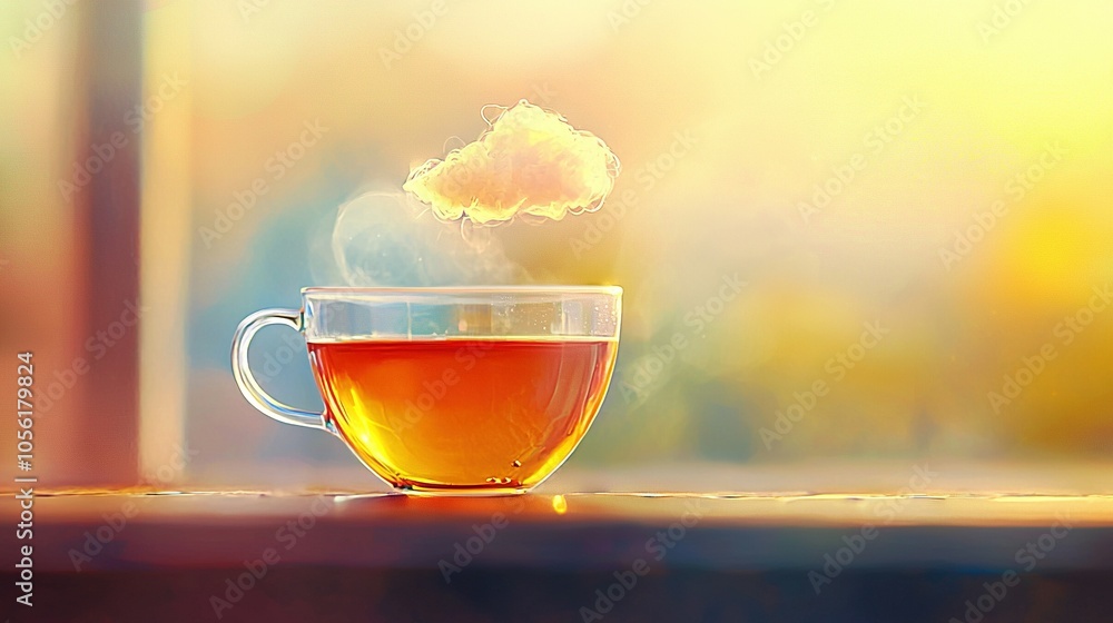 Poster a cup of tea on a table with a cloud floating from its rim