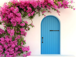 A bright blue door with black hardware is framed by lush pink bougainvillea on a white wall.