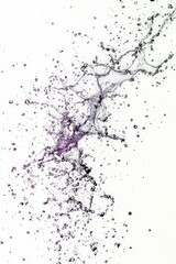 A vibrant splash of water bursts in various directions, creating an artistic display of droplets and patterns against an unblemished white backdrop. The action suggests energy and fluidity