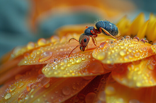 Macro Shot of Ant on Sunflower Leaf