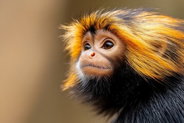 Adorable fluffy monkey with vibrant fur looking curiously in a natural setting during daylight