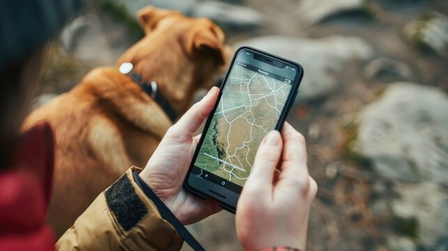 Navigating nature: person using smartphone map on outdoor hike with dog GPS dog tracker