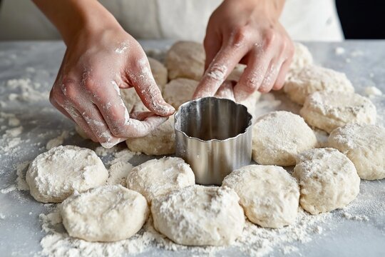 Hands shaping dough with a metal cutter on a floured surface, preparing biscuits or pastries in the kitchen.