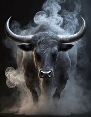 ghostlike bull in a cloud of smoke