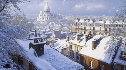Obraz premium Snow-covered rooftops in Montmartre, with the Basilica