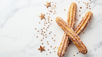 Classic churros dipped in cinnamon sugar, isolated on a white marble background, with chocolate drizzle and small star-shaped sprinkles