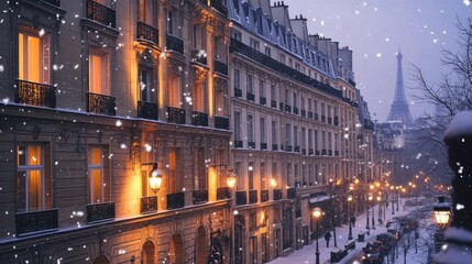 Fototapeta premium The elegant facades of Parisian buildings lined with snow,