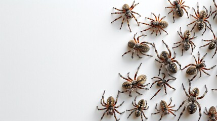 Creepy spiders on light background. Spooky Halloween composition with eerie elements, haunted vibes, and copy space for festive Halloween-themed designs and creepy decor.
