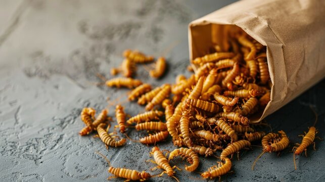 Edible mealworms spilling from paper bag on rustic surface
