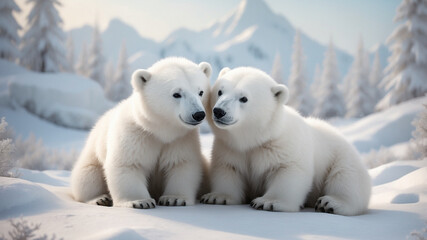 Two fluffy polar bear cubs embracing each other in a snowy landscape, creating a heartwarming display of sibling love