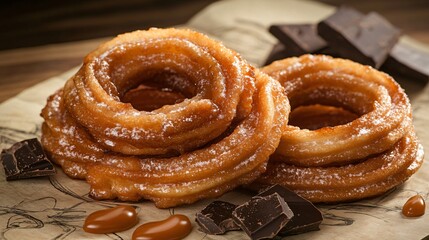 Fototapeta premium Spiral churros with vanilla glaze, isolated on a vintage paper, with caramel drops and chocolate shards