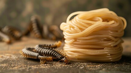 Centipedes crawling near pile of uncooked noodles on rough surface