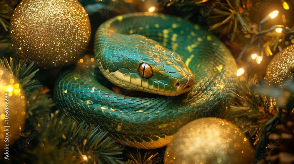 Poster a green snake with a yellow and orange eye is coiled around a branch of a christmas tree. the snake 