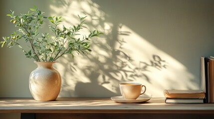 A cup of coffee, a vase of olive branches, and books on a wooden table bathed in warm sunlight.