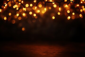 Dark background illuminated by Christmas lights strung across the top, glowing in warm orange and yellow hues with subtle bokeh effects, the lower part empty for text